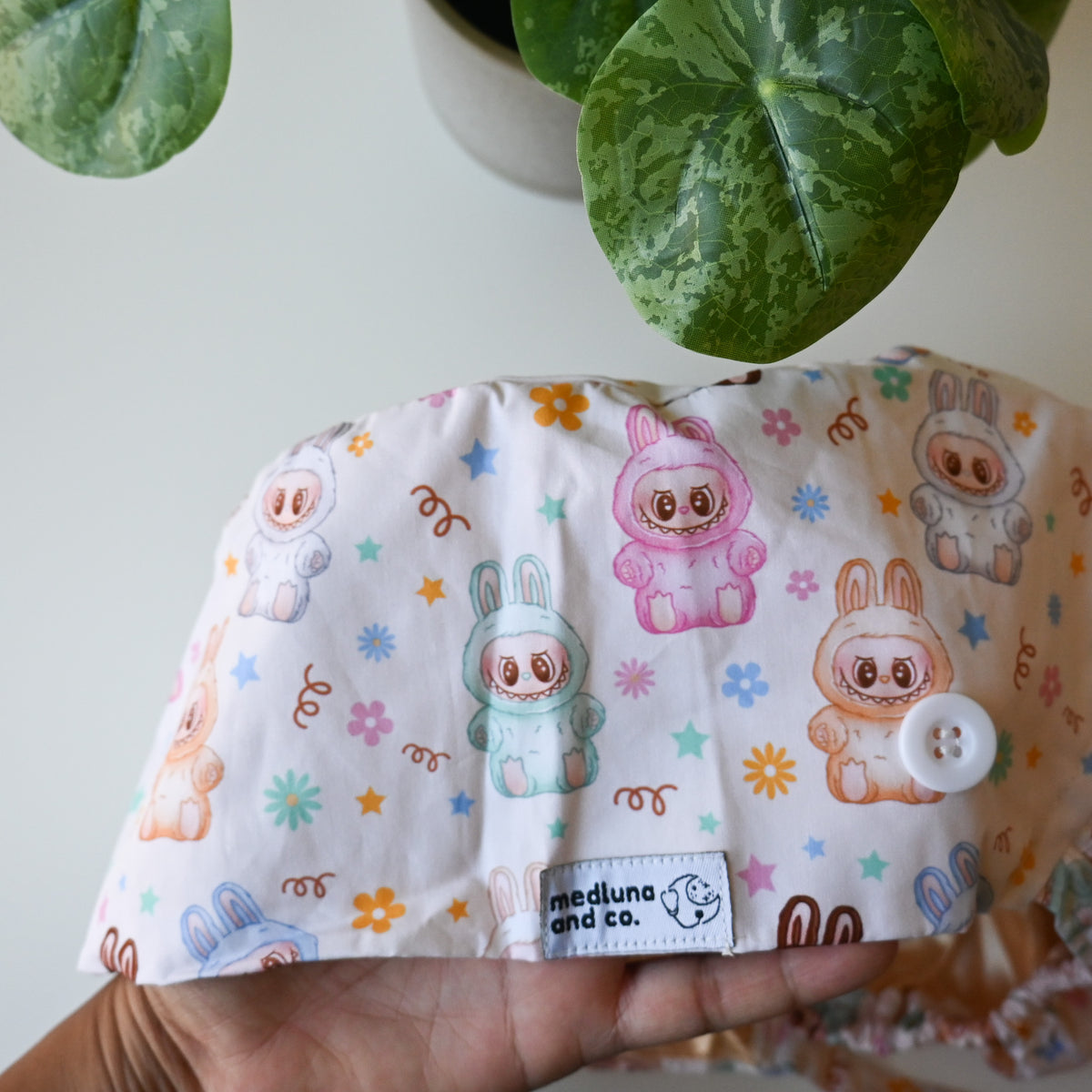 LABUBU THEMED SATIN LINED PONYTAIL SCRUB CAP