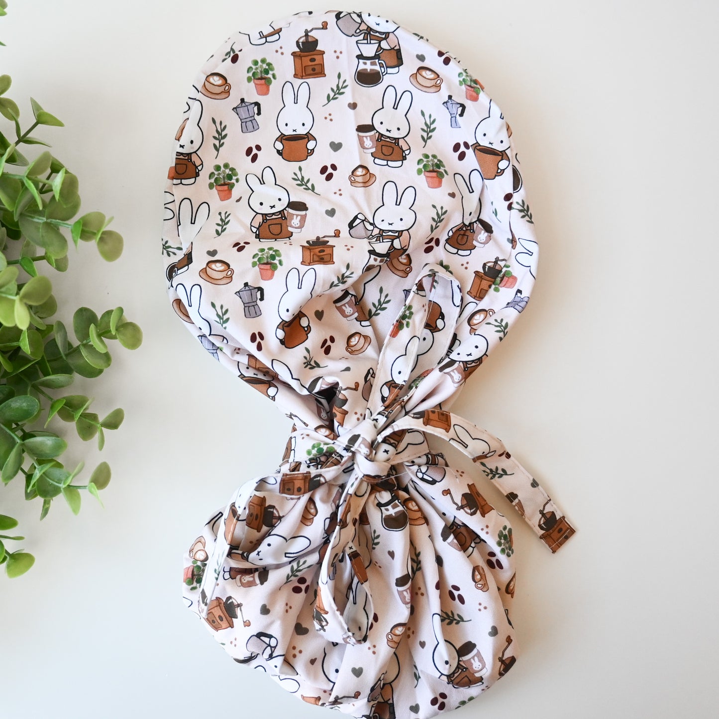 MIFFY COFFEE THEMED SATIN LINED PONYTAIL SCRUB CAP