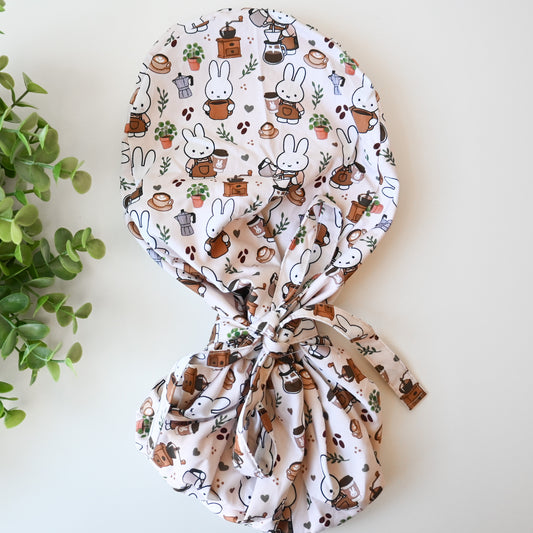 MIFFY COFFEE THEMED SATIN LINED PONYTAIL SCRUB CAP