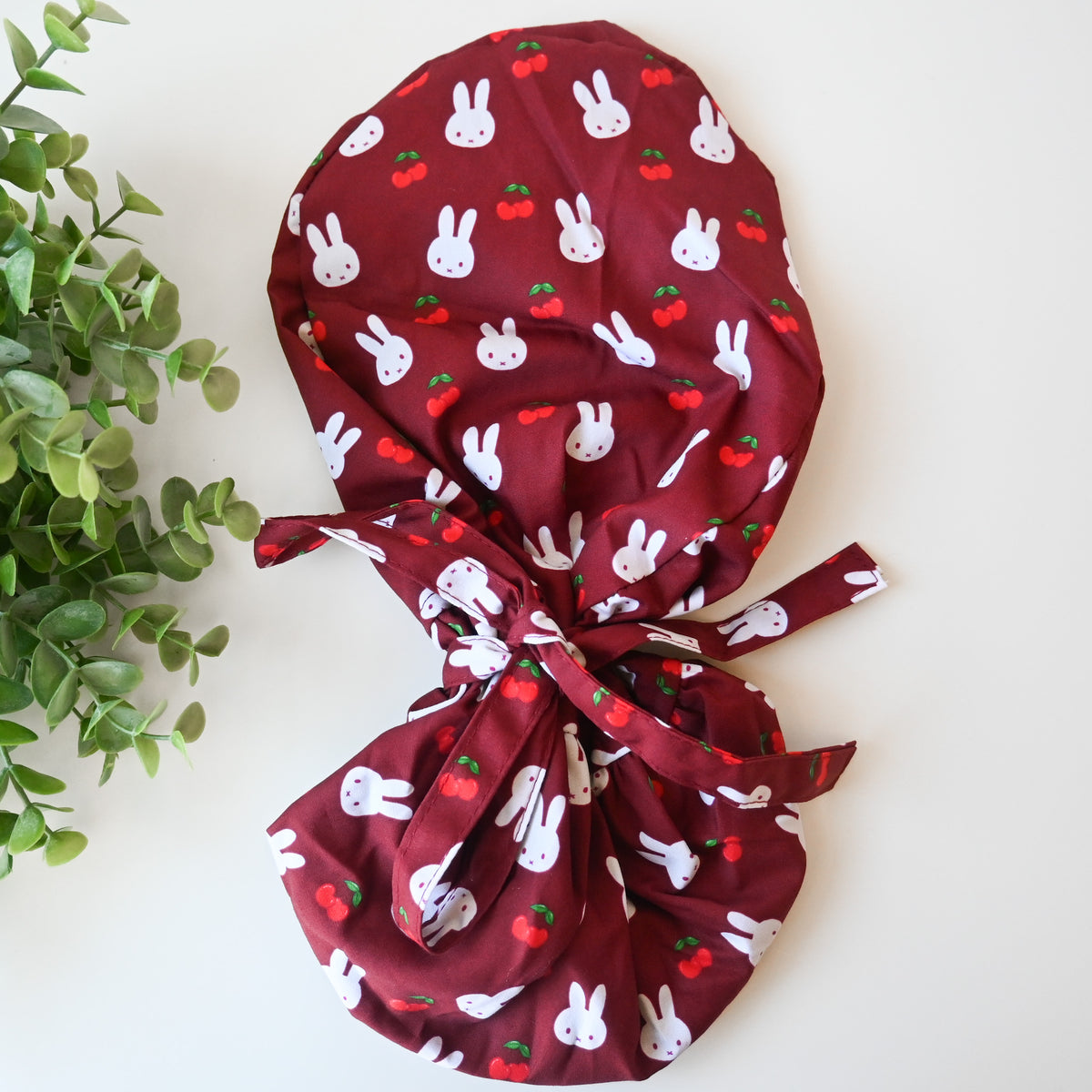 MIFFY CHERRY THEMED SATIN LINED PONYTAIL SCRUB CAP