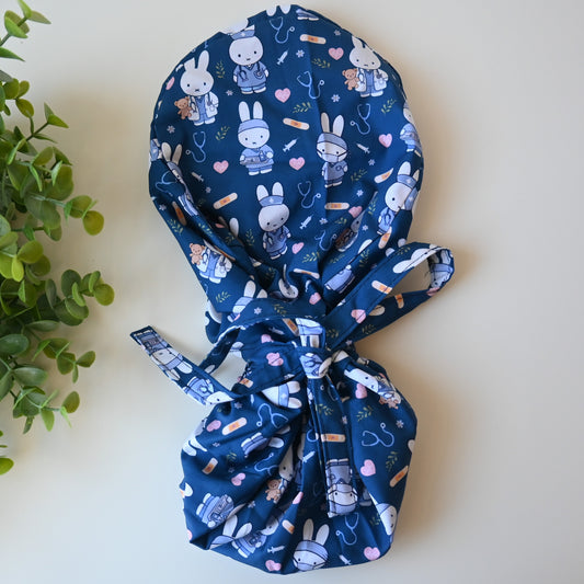 MIFFY MEDICAL THEMED SATIN LINED PONYTAIL SCRUB CAP