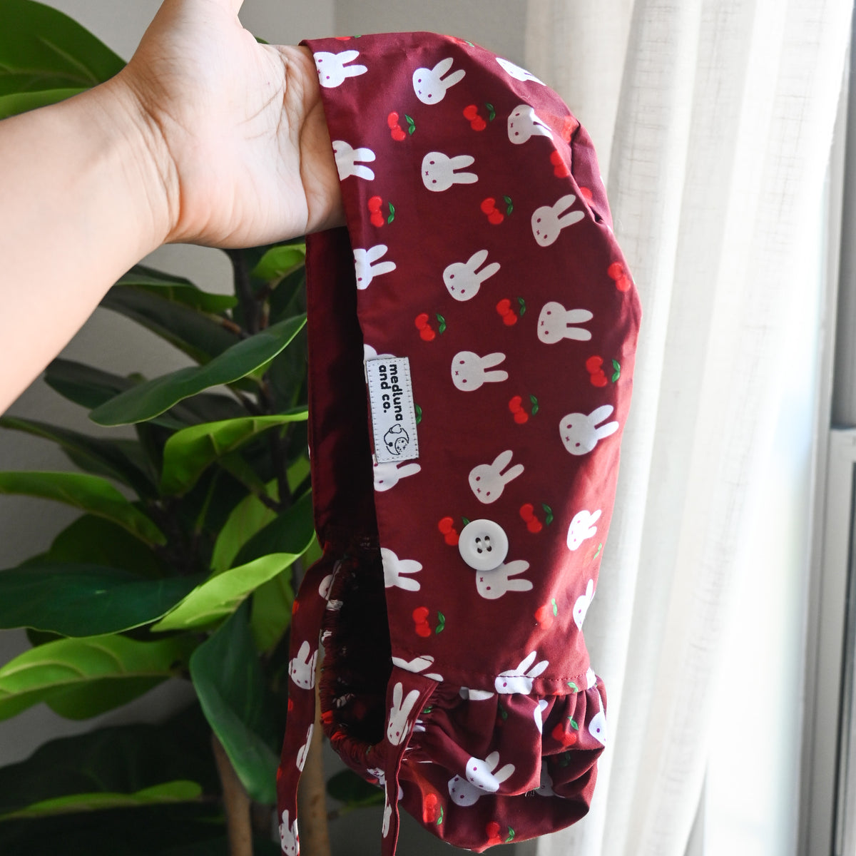 MIFFY CHERRY THEMED SATIN LINED PONYTAIL SCRUB CAP