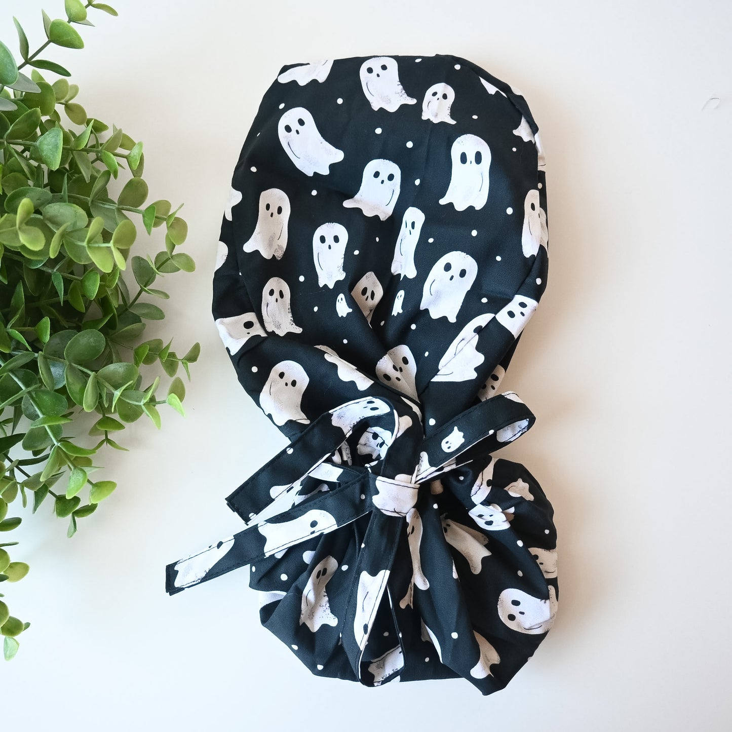 BLACK GHOST THEMED SATIN LINED PONYTAIL SCRUB CAP