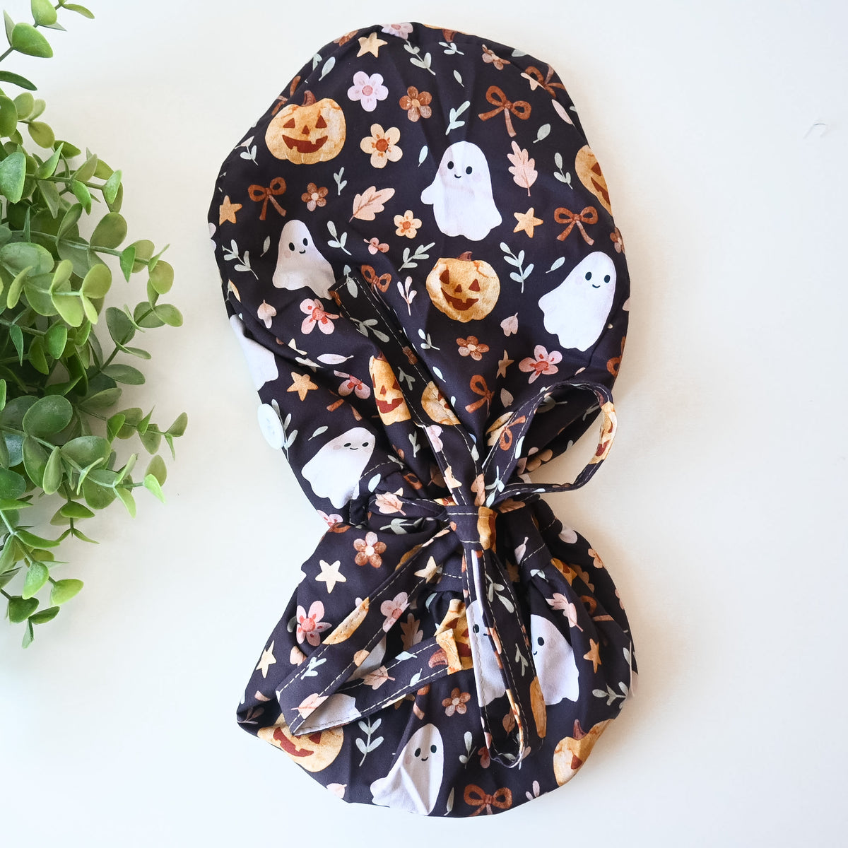 CUTE GHOST AND PUMPKINS SATIN LINED PONYTAIL SCRUB CAP