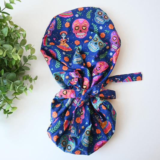 DIA DE LOS MUERTOS THEMED SATIN LINED PONYTAIL SCRUB CAP