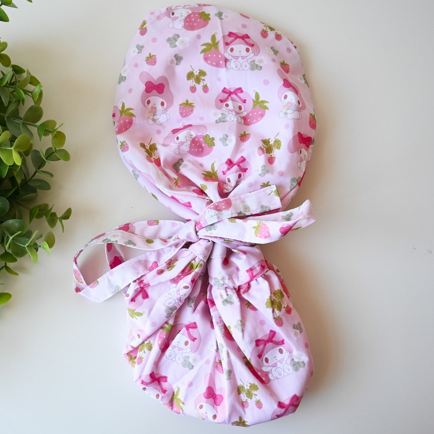 MY MELODY THEMED SATIN LINED PONYTAIL SCRUB CAP