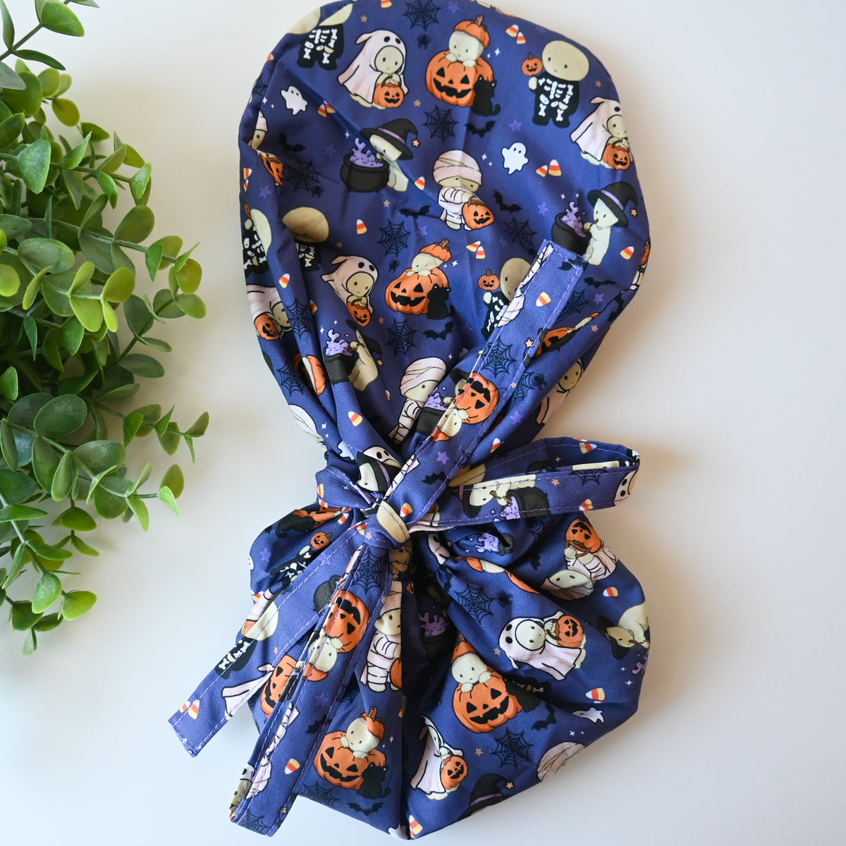 SMISKI HALLOWEEN THEMED SATIN LINED PONYTAIL SCRUB CAP