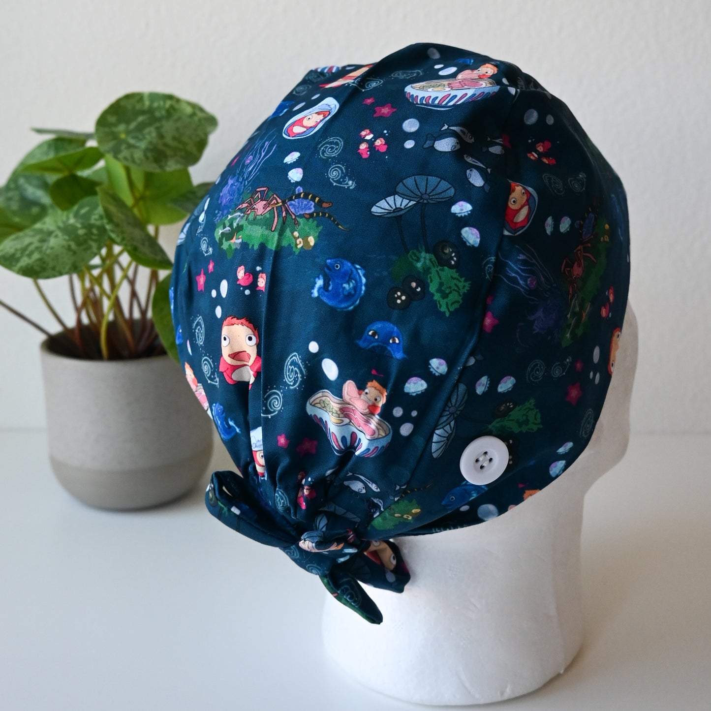 PONYO DARK BLUE WITH SEA CREATURES THEMED SATIN LINED REGULAR SCRUB CAP