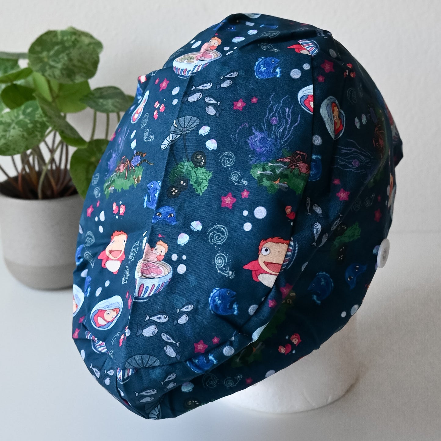 PONYO DARK BLUE WITH SEA CREATURES SATIN LINED EURO STYLE SCRUB CAP