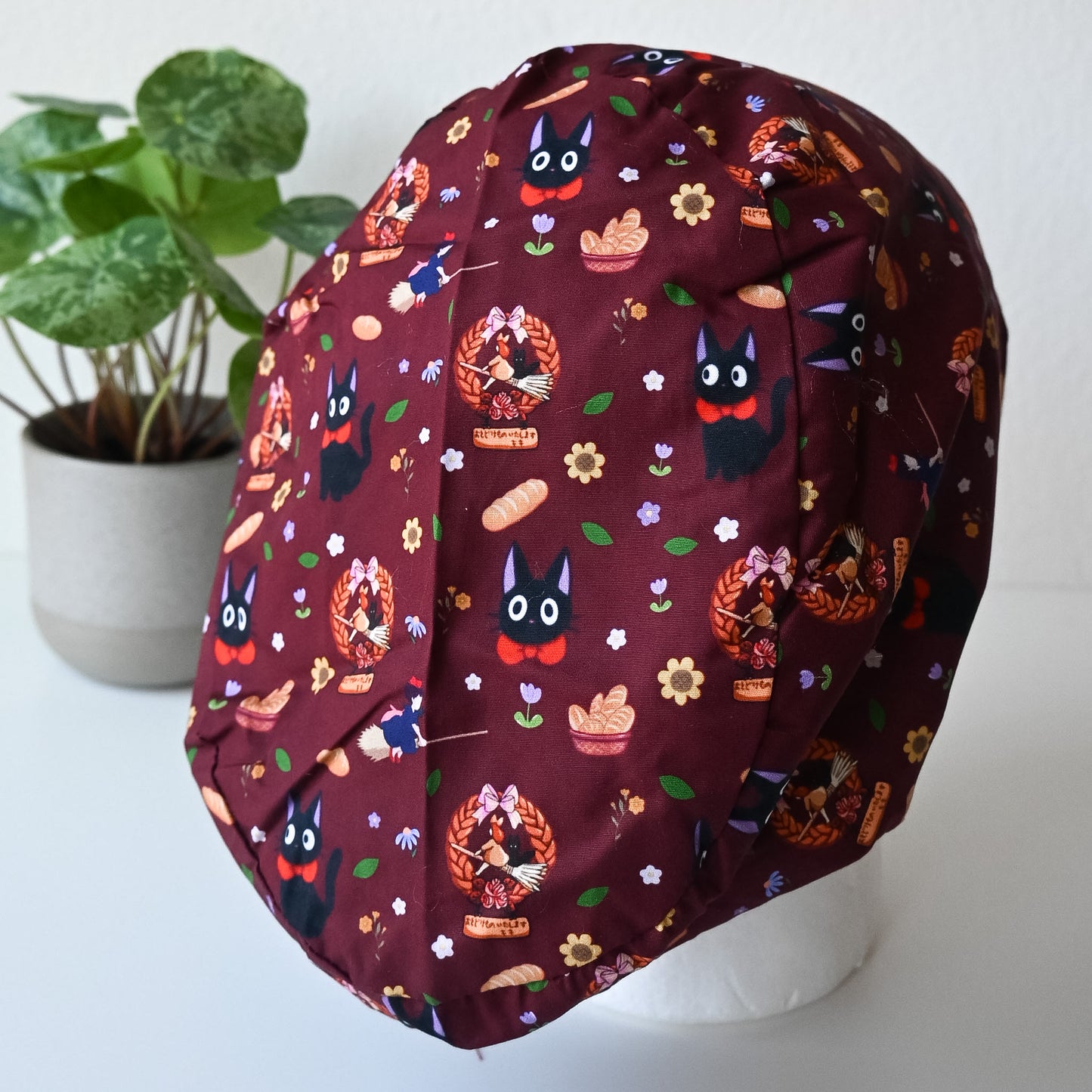KIKI'S DELIVERY SERVICE - DARK RED THEMED SATIN LINED EURO STYLE SCRUB CAP