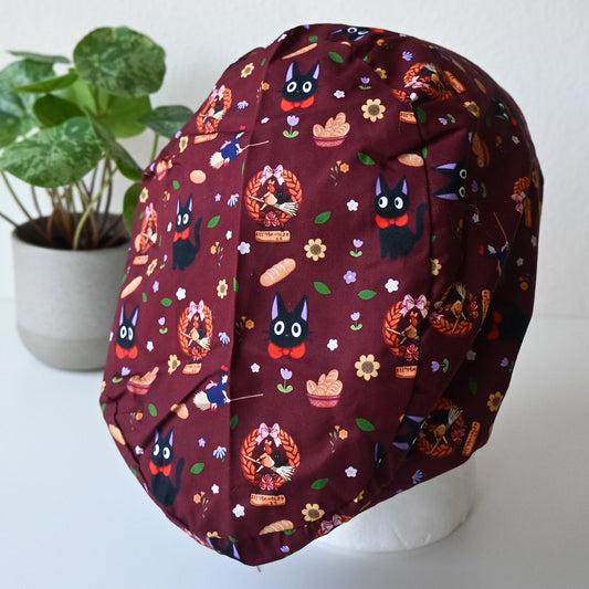 KIKI'S DELIVERY SERVICE - DARK RED THEMED SATIN LINED EURO STYLE SCRUB CAP