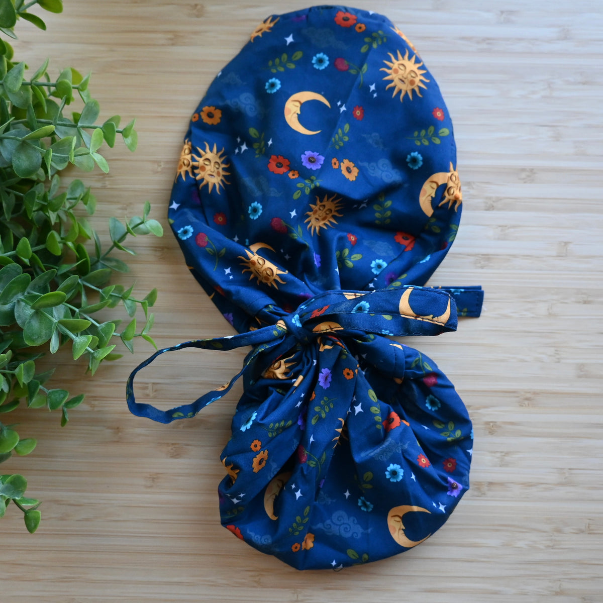 CELESTIAL MOON AND STARS HISPANIC THEMED SATIN LINED PONYTAIL SCRUB CAP