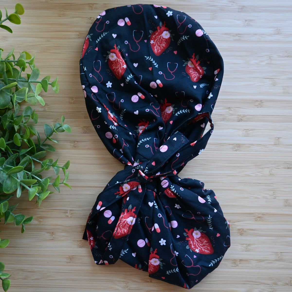 CARDIOLOGY THEMED SATIN LINED PONYTAIL SCRUB CAP