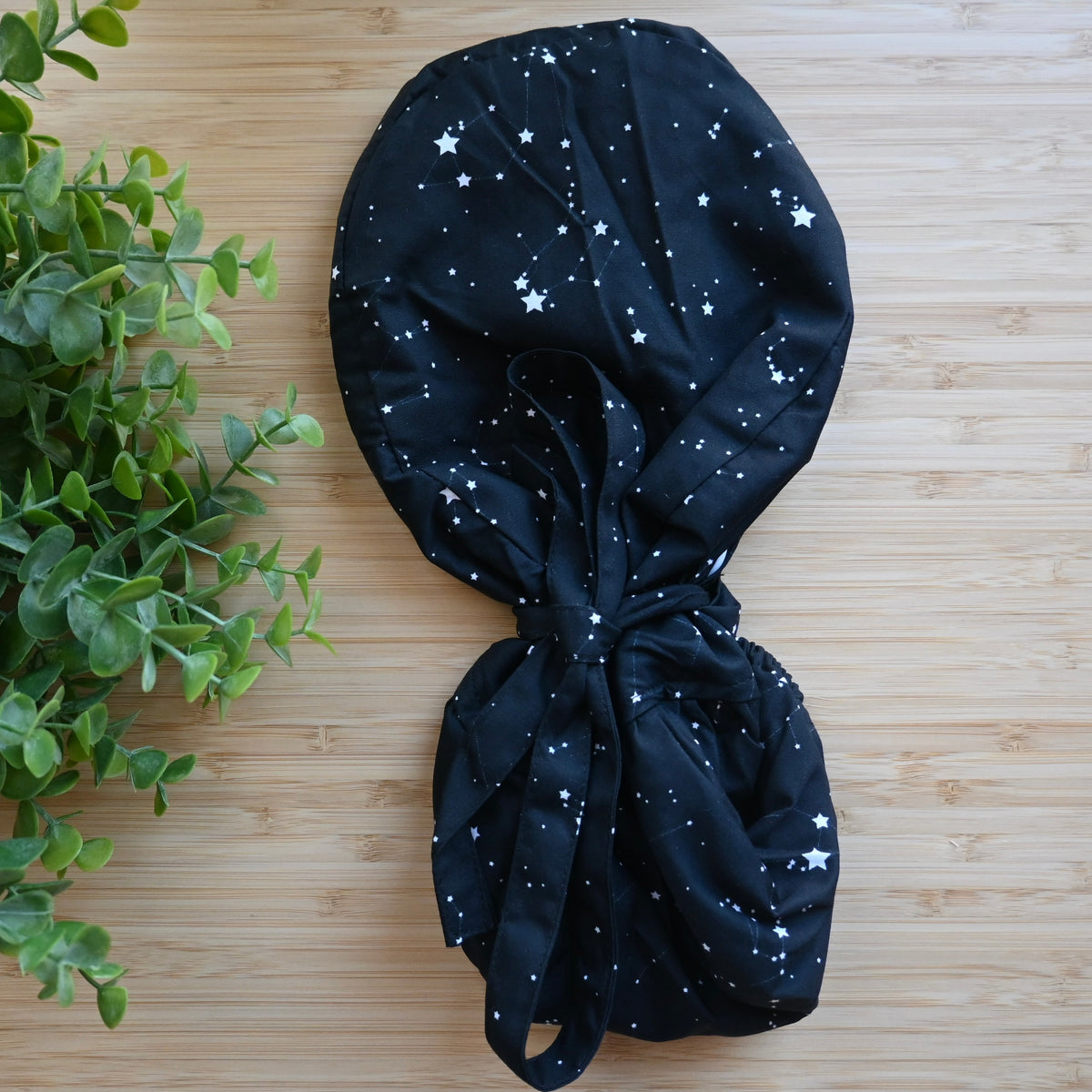BLACK CONSTELLATIONS THEMED SATIN LINED PONYTAIL SCRUB CAP