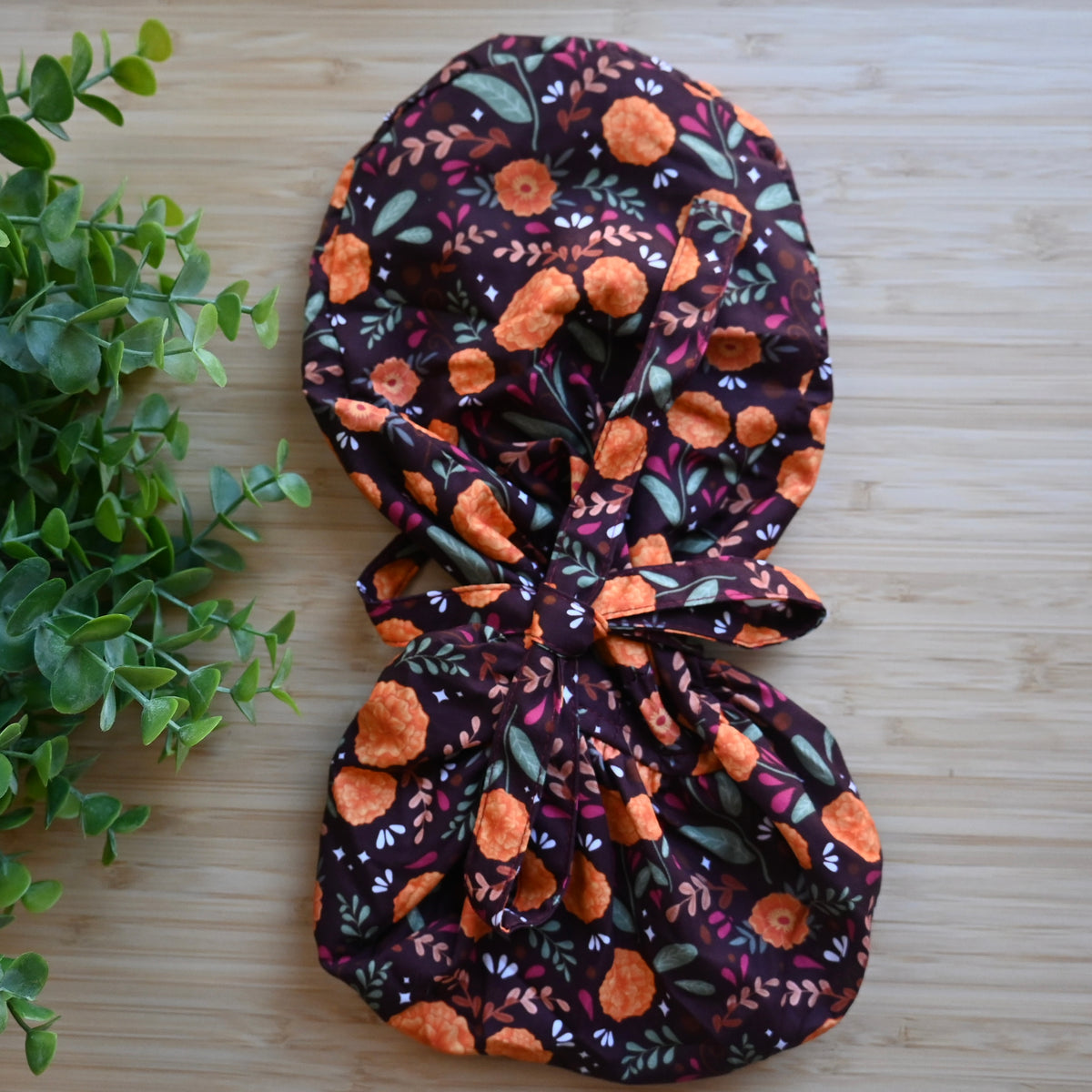 MARIGOLDS THEMED SATIN LINED PONYTAIL SCRUB CAP