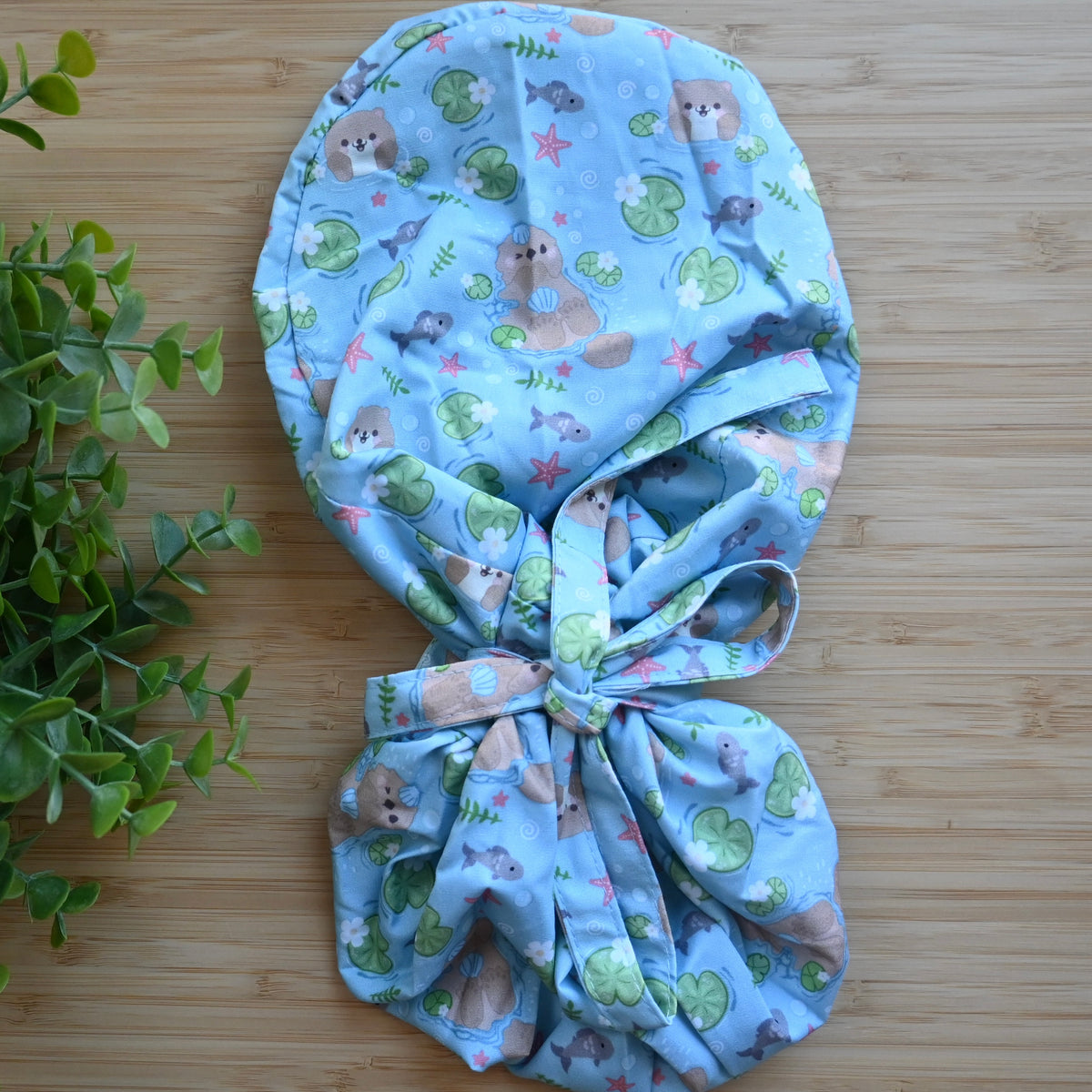 KAWAII SEA OTTERS THEMED SATIN LINED PONYTAIL SCRUB CAP
