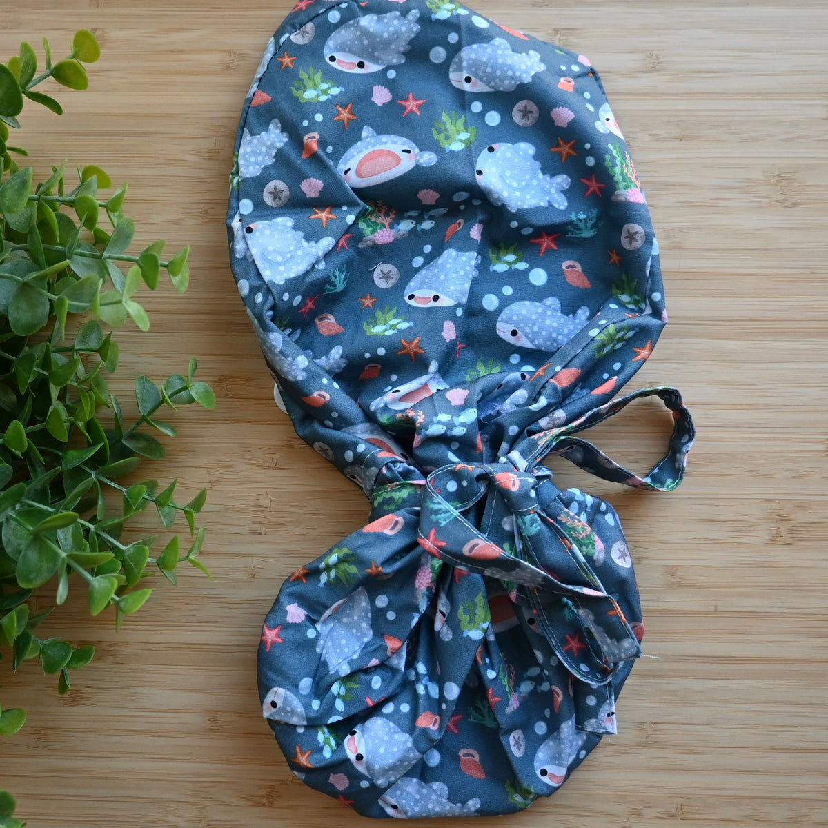 KAWAII WHALE SHARKS THEMED SATIN LINED PONYTAIL SCRUB CAP