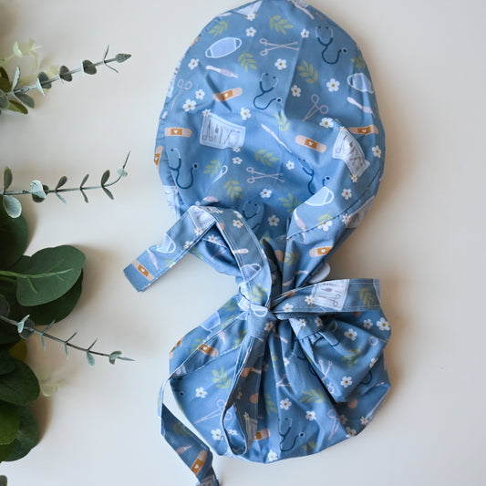SURGERY THEMED SATIN LINED PONYTAIL SCRUB CAP