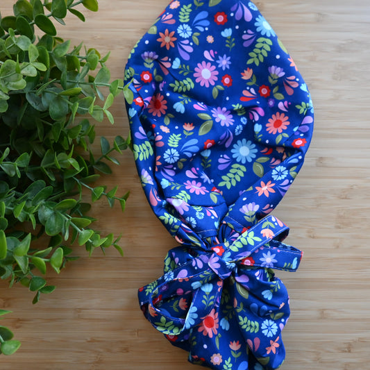 BLUE TALAVERA THEMED SATIN LINED PONYTAIL SCRUB CAP