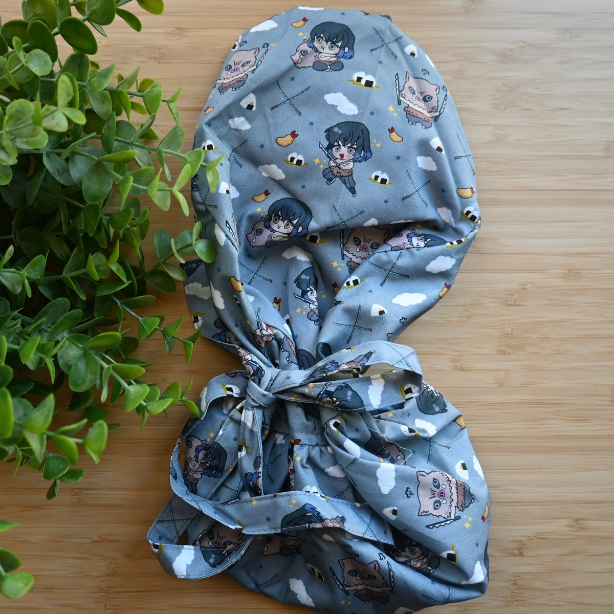 DEMON SLAYER - INOSUKE HASHIBIRA THEMED SATIN LINED PONYTAIL SCRUB CAP