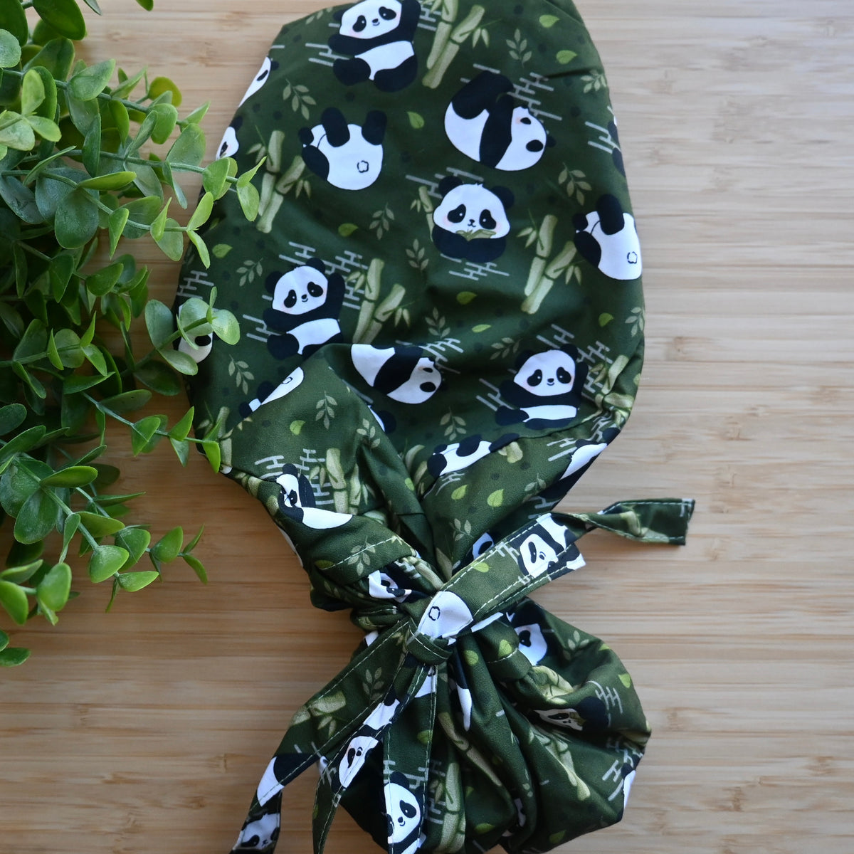 PANDA THEMED SATIN LINED PONYTAIL SCRUB CAP
