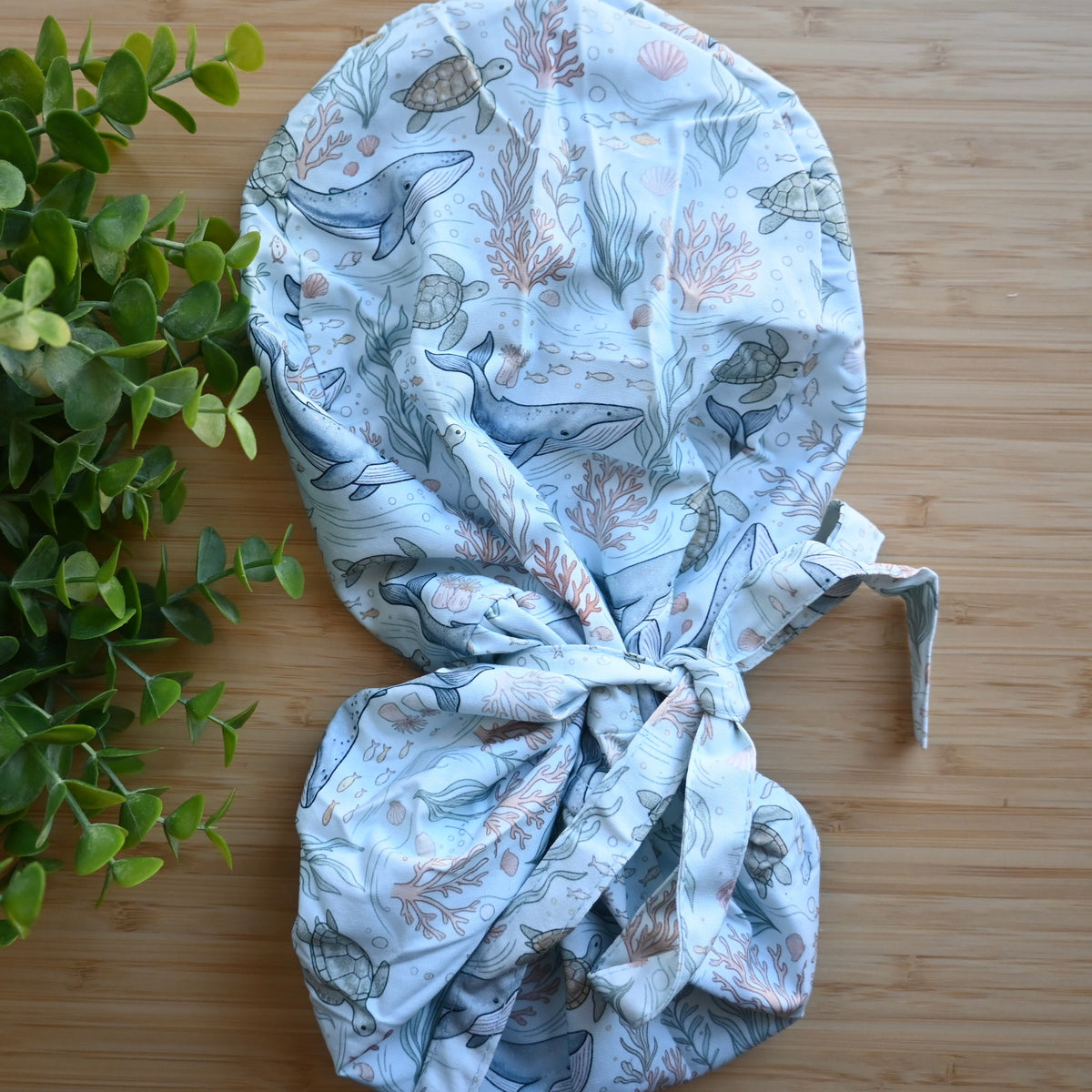 SEA CREATURES THEMED SATIN LINED PONYTAIL SCRUB CAP