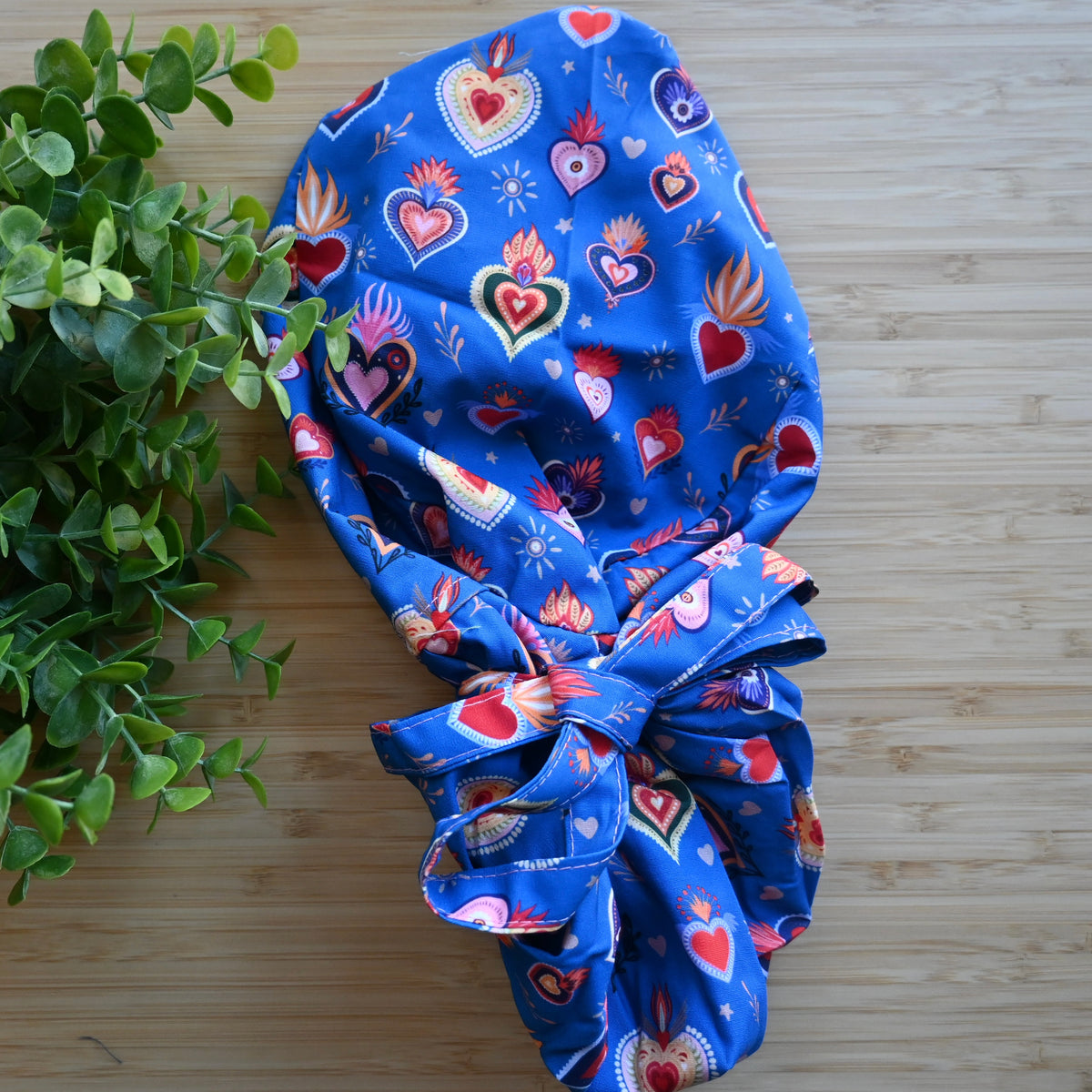 MEXICAN SACRED HEARTS BLUE SATIN LINED PONYTAIL SCRUB CAP