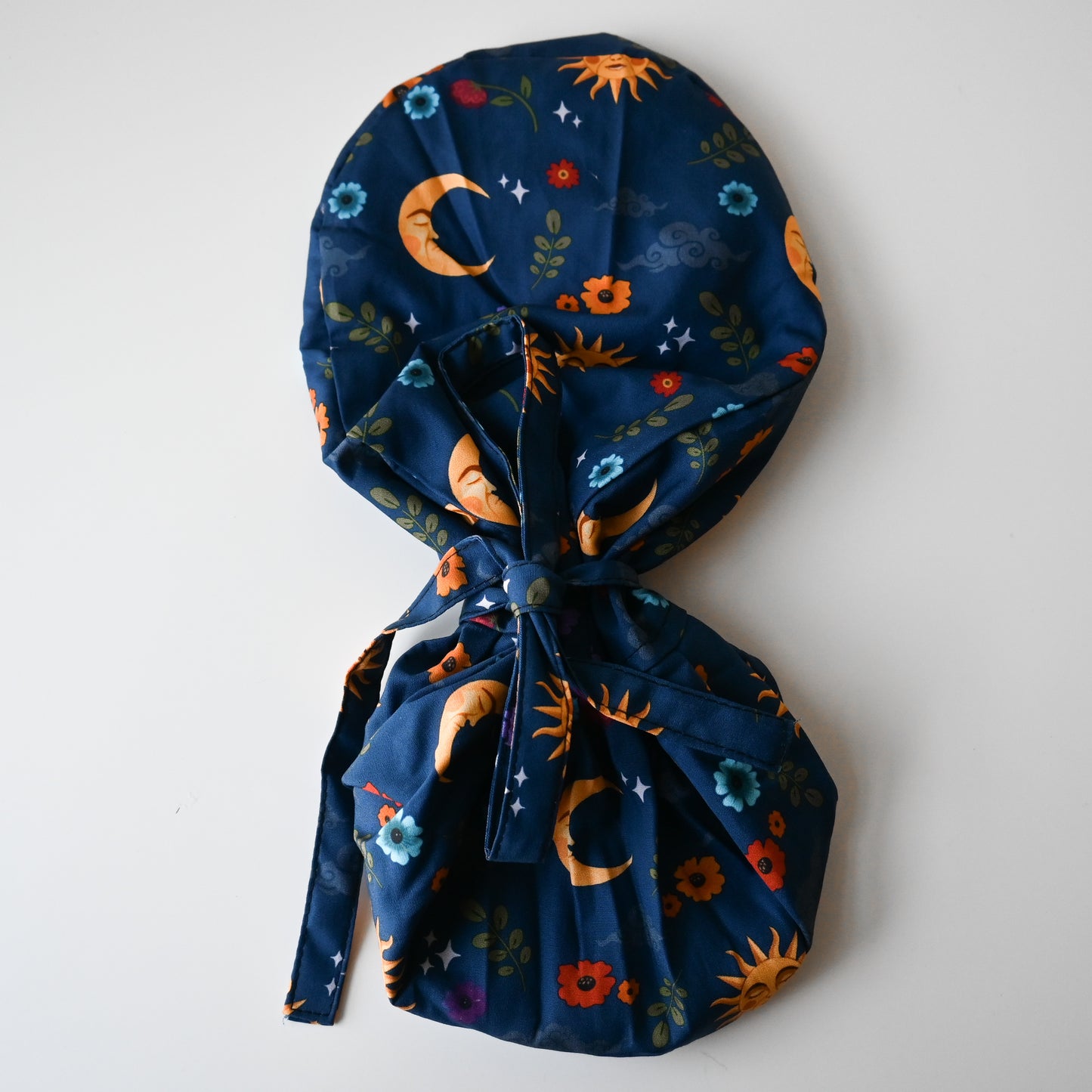 CELESTIAL MOON AND SUN HISPANIC THEMED SATIN LINED PONYTAIL SCRUB CAP