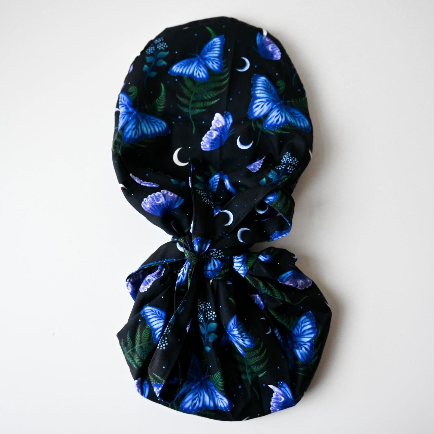 CELESTIAL MOON AND BUTTERFLIES SATIN LINED PONYTAIL SCRUB CAP