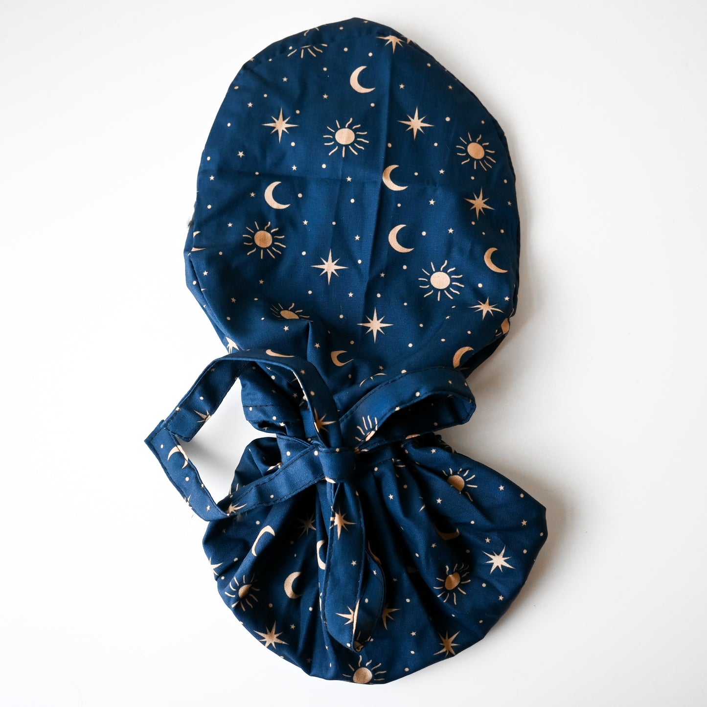 BLUE MOON AND STARS SATIN LINED PONYTAIL SCRUB CAP