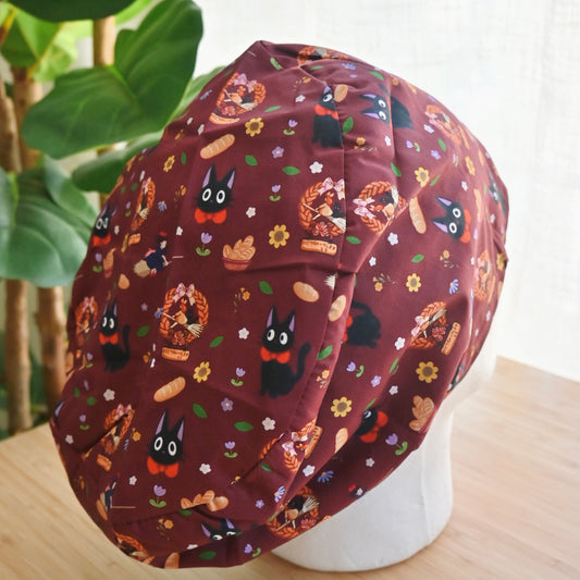 KIKI'S DELIVERY SERVICE - DARK RED THEMED SATIN LINED EURO STYLE SCRUB CAP