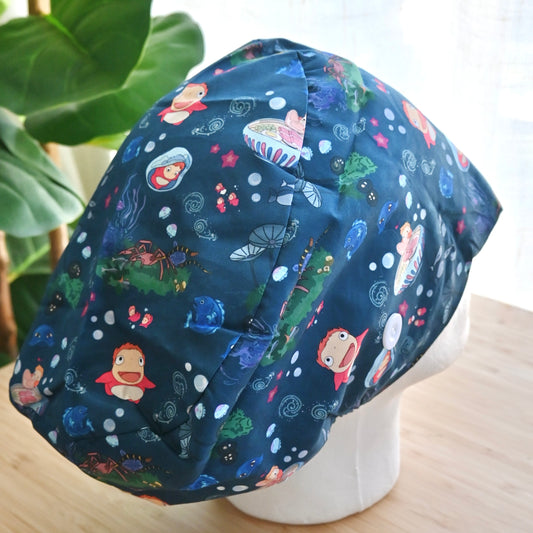 PONYO DARK BLUE WITH SEA CREATURES SATIN LINED EURO STYLE SCRUB CAP