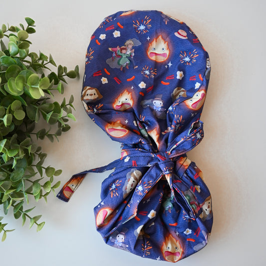 HOWL'S MOVING CASTLE - CALCIFER THEMED SATIN LINED PONYTAIL SCRUB CAP