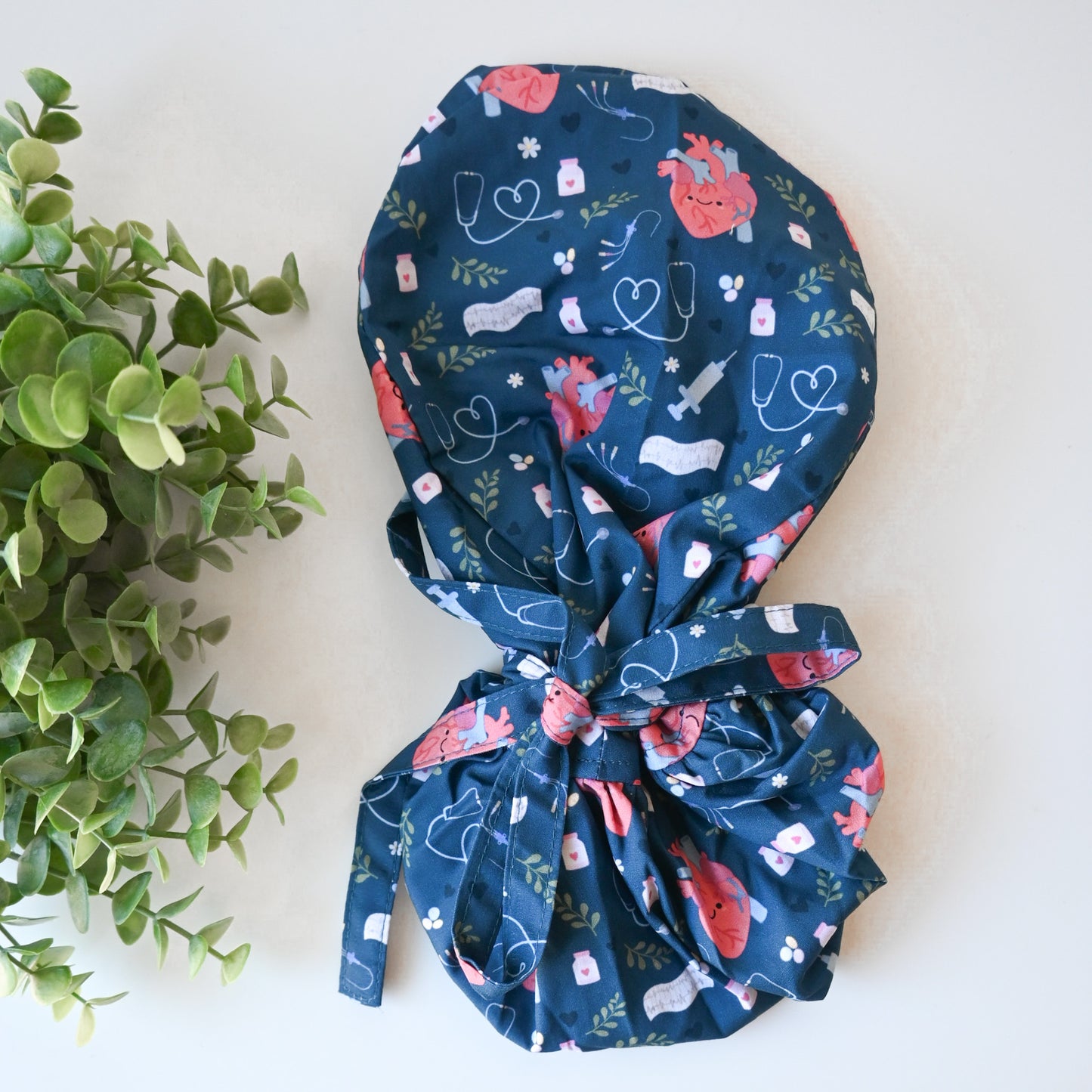 CARDIOLOGY THEMED SATIN LINED PONYTAIL SCRUB CAP