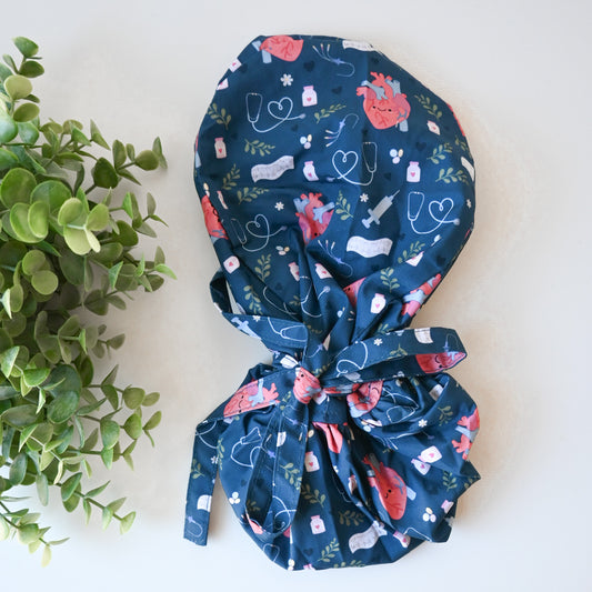 CARDIOLOGY THEMED SATIN LINED PONYTAIL SCRUB CAP