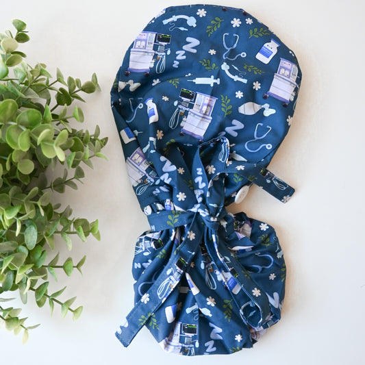 ANESTHESIOLOGY THEMED SATIN LINED PONYTAIL SCRUB CAP