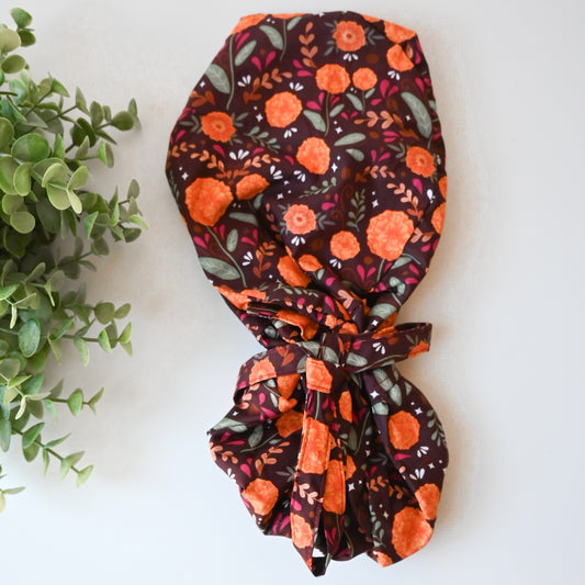 MARIGOLDS THEMED SATIN LINED PONYTAIL SCRUB CAP