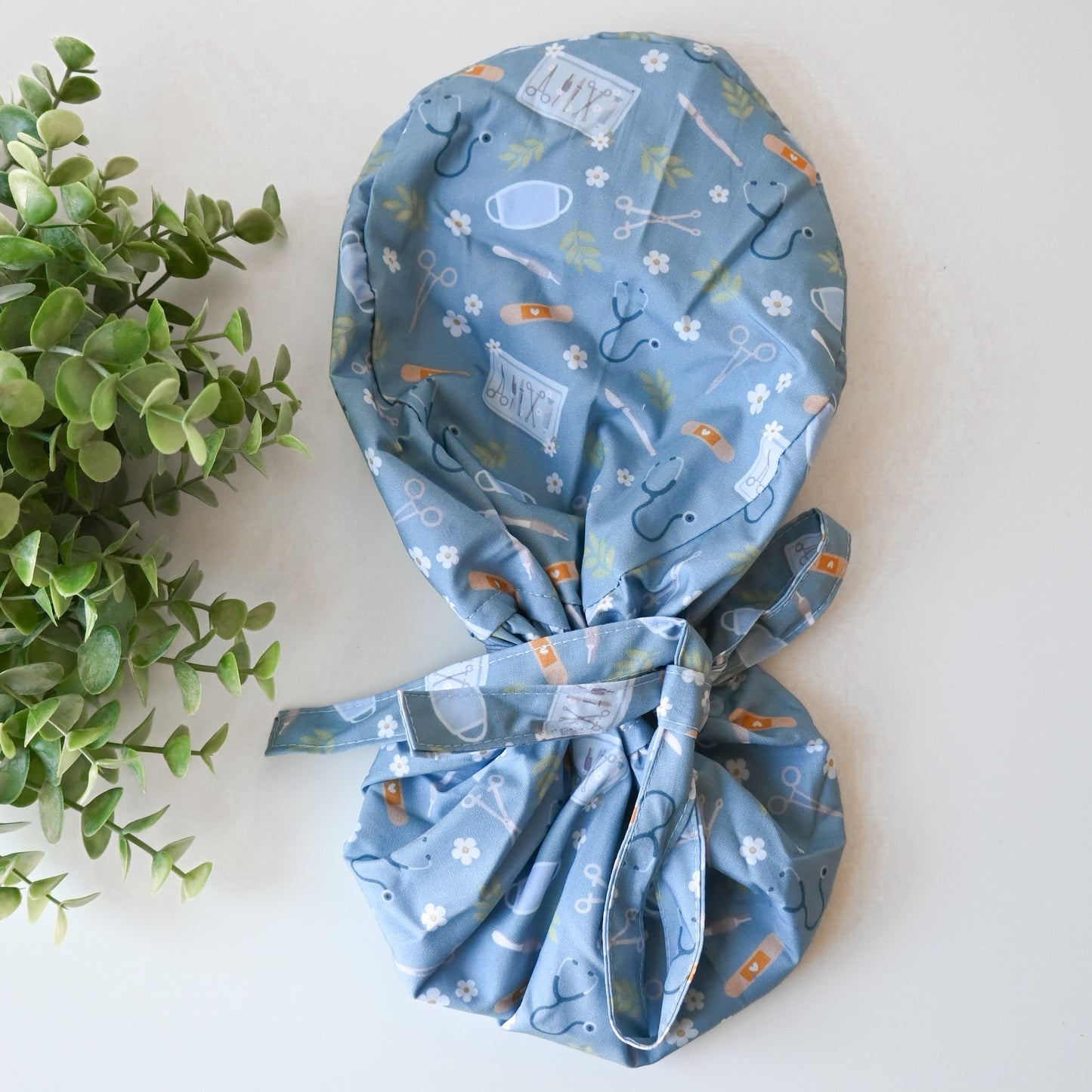 SURGERY THEMED SATIN LINED PONYTAIL SCRUB CAP
