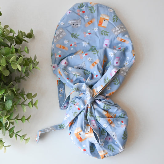 PHARMACY THEMED SATIN LINED PONYTAIL SCRUB CAP