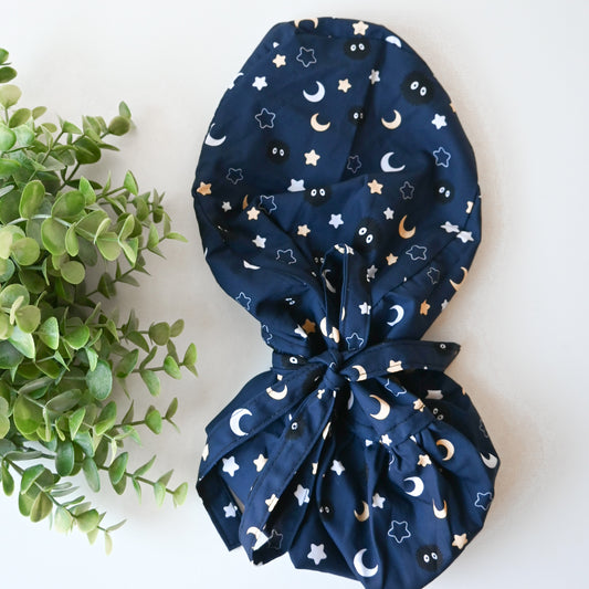 STUDIO GHIBLI - DARK SOOTS WITH MOON AND STARS THEMED SATIN LINED PONYTAIL SCRUB CAP