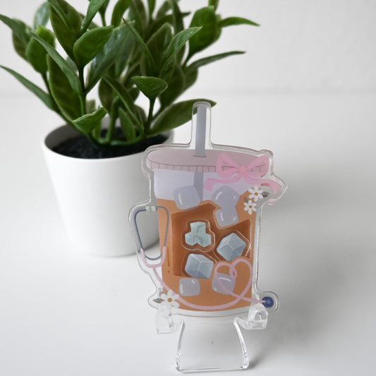 ICED COFFEE WITH STETHOSCOPE ACRYLIC SHAKER BADGE REEL