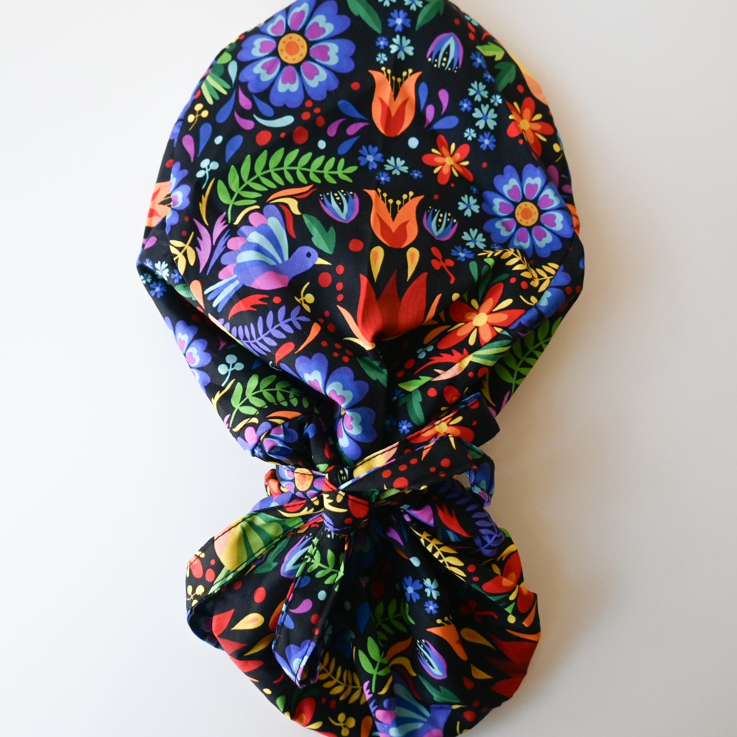 HISPANIC TRADITIONAL BLACK TALAVERA PATTERN SATIN LINED PONYTAIL SCRUB CAP