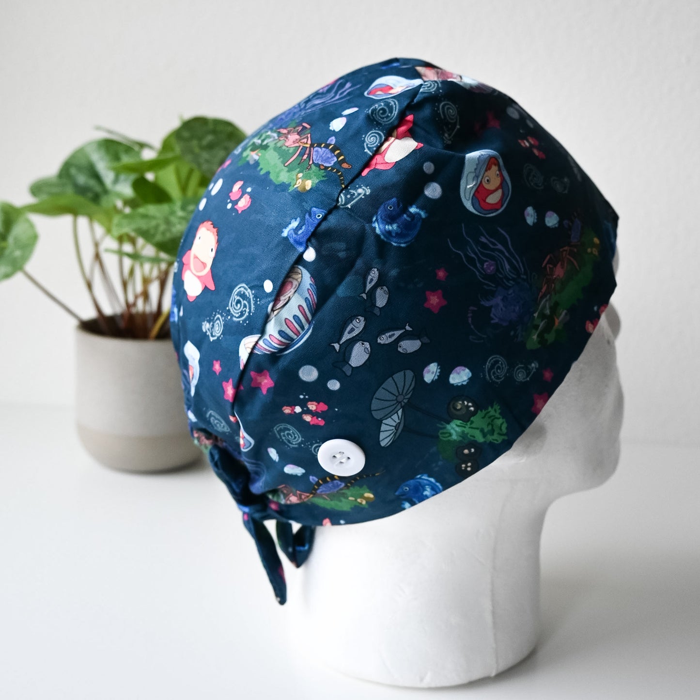 PONYO - DARK BLUE PONYO WITH SEA CREATURES SATIN LINED REGULAR SCRUB CAP