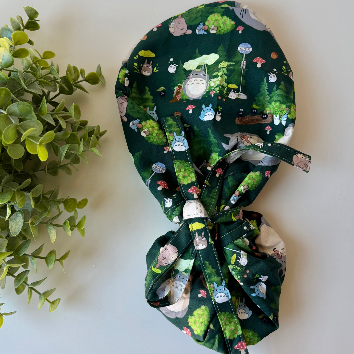 MY NEIGHBOR TOTORO - DARK GREEN TOTORO WITH FRIENDS SATIN LINED PONYTAIL SCRUB CAP