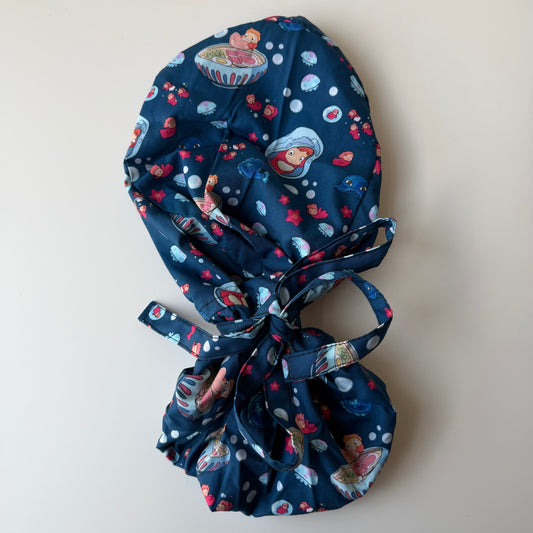 PONYO - DARK BLUE PONYO WITH SEA CREATURES SATIN LINED PONYTAIL SCRUB CAP