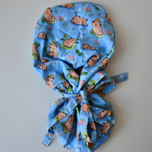 KAWAII CAPYBARA THEMED SATIN LINED PONYTAIL SCRUB CAP