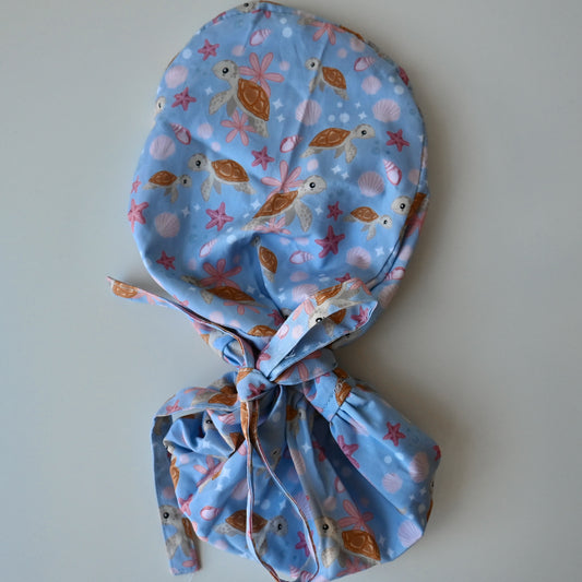 SEA TURTLE THEMED SATIN LINED PONYTAIL SCRUB CAP