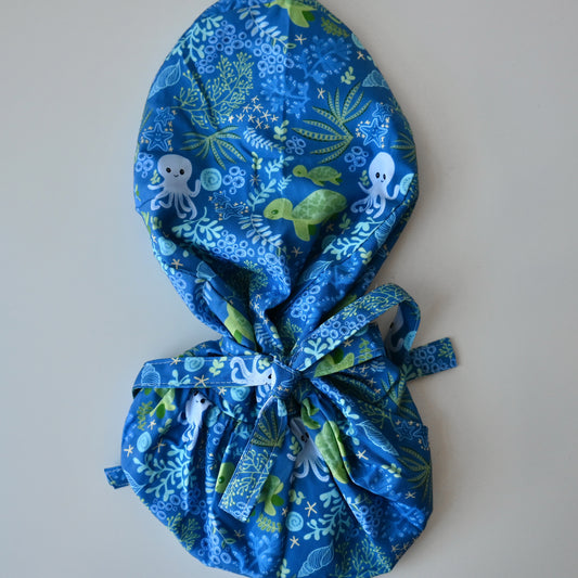 SEA CREATURES THEMED SATIN LINED PONYTAIL SCRUB CAP