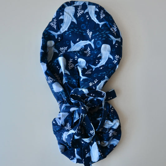 WHALE SHARK THEMED SATIN LINED PONYTAIL SCRUB CAP
