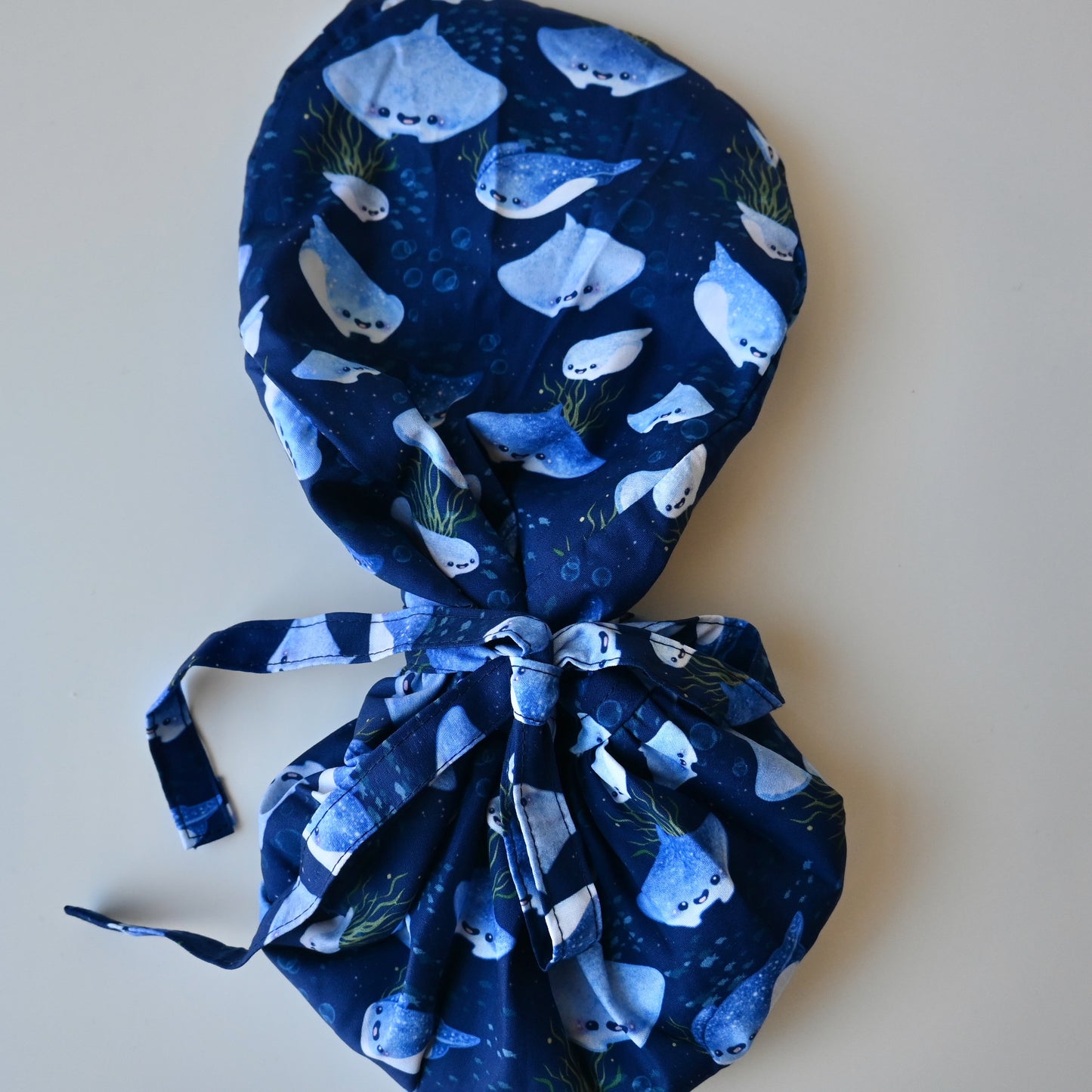 KAWAII STINGRAY THEMED SATIN LINED PONYTAIL SCRUB CAP